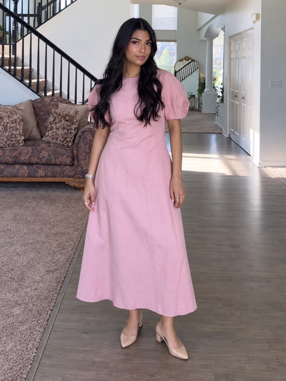 ZARA BNWT LINEN BLEND MIDI DRESS. PINK 5289/025/620